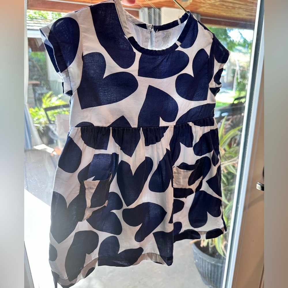 Toddler girls blue and white heart dress with pockets